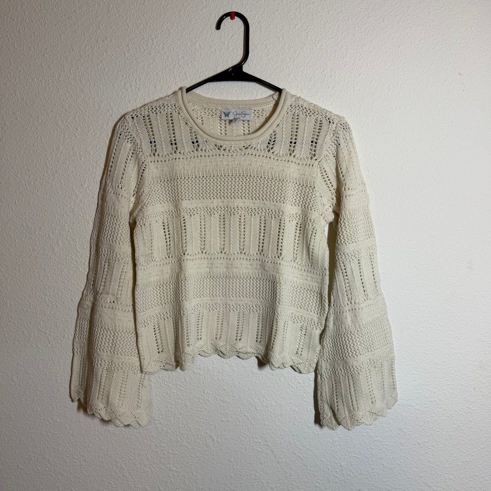 Jessica Simpson Ivory Crochet Knit Bell Sleeve Sweater Scalloped Hem XS Boho